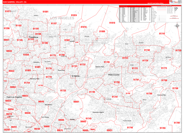 San Gabriel Valley Metro Area Wall Map Red Line Style